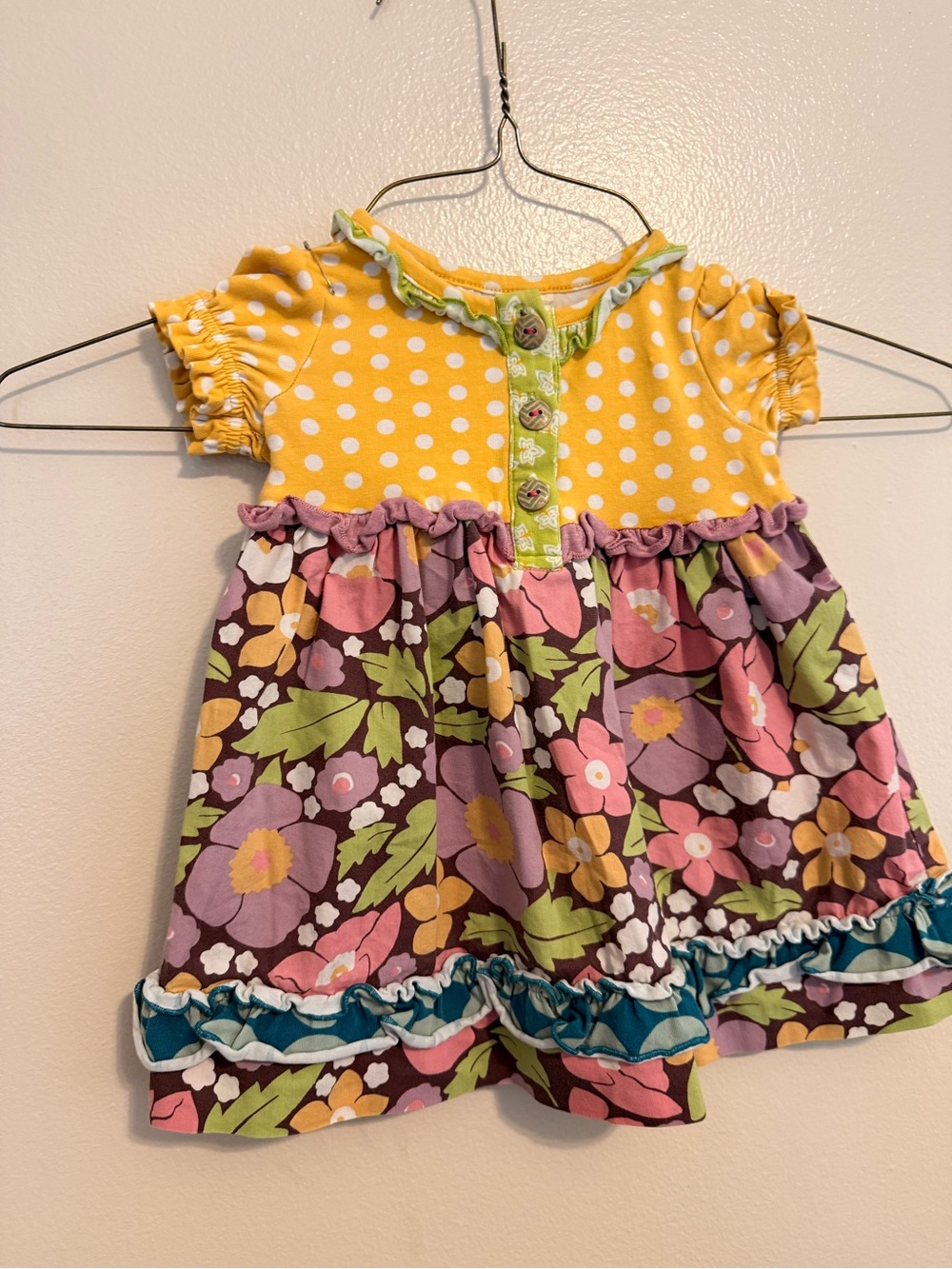 Matilda Jane 6-12M Yellow Polka Dot Floral Patchwork Ruffle Boutique Dress